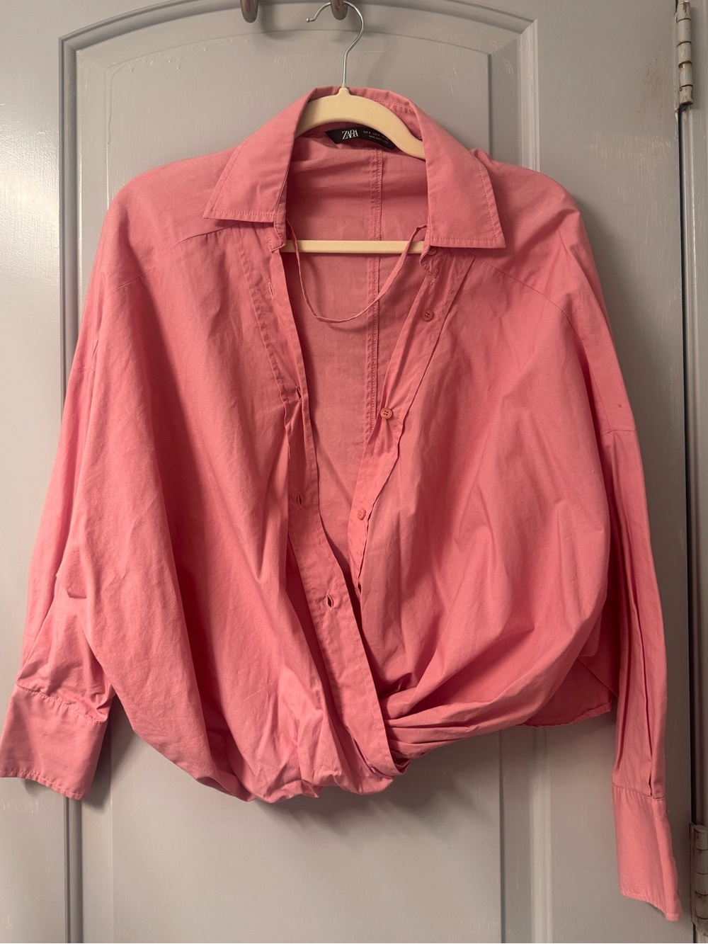 Zara Coral-Pink Draped Button-Down Shirt